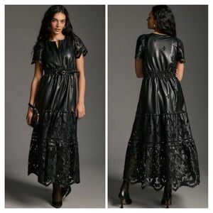 Anthropologie The Somerset Maxi Dress Faux Leather Embroidered Edition Small EUC